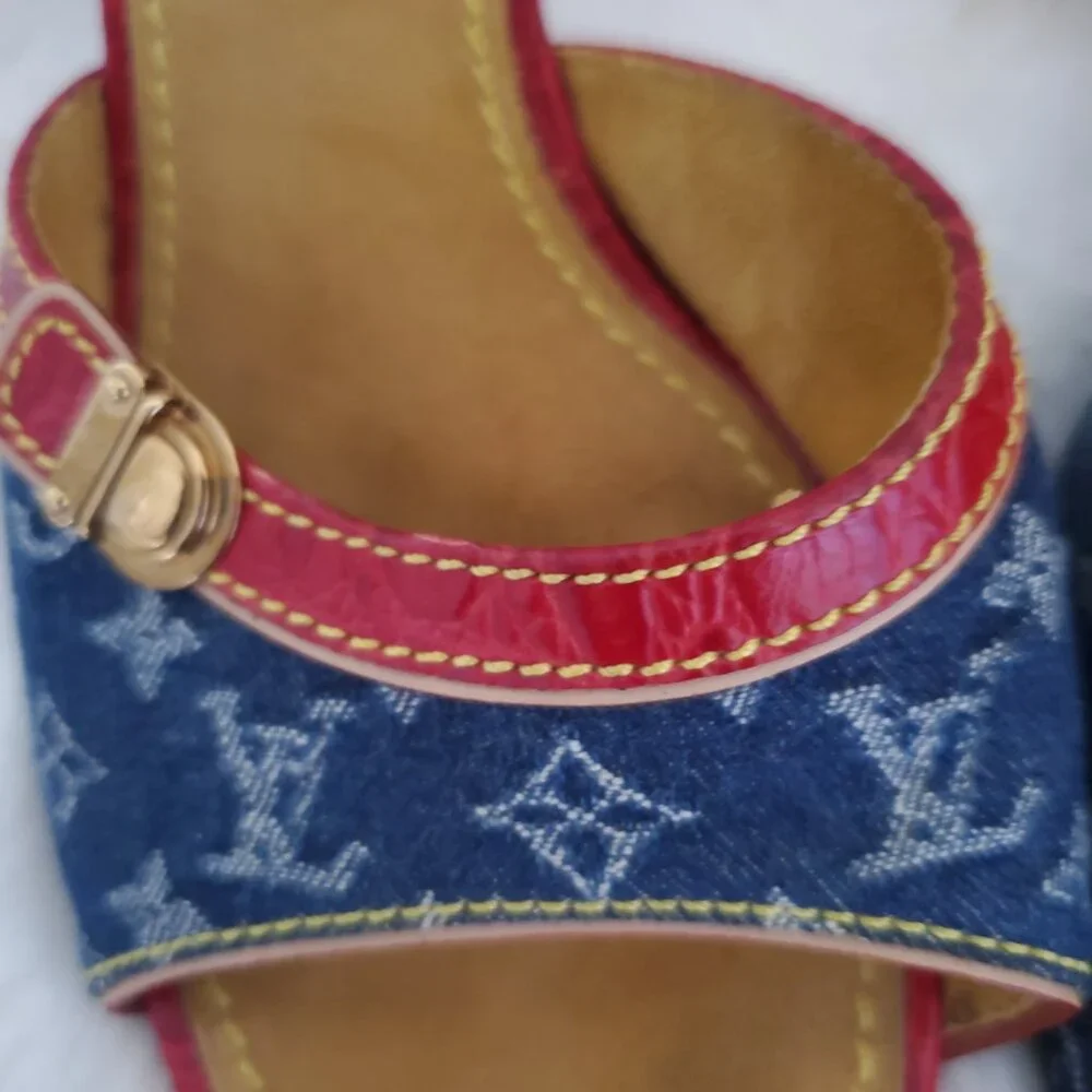 Louis Vuitton Monogram Denim Slide Sandals Red Leather Y2K LV Mule Luxury Size 9 - Picture 9 of 16